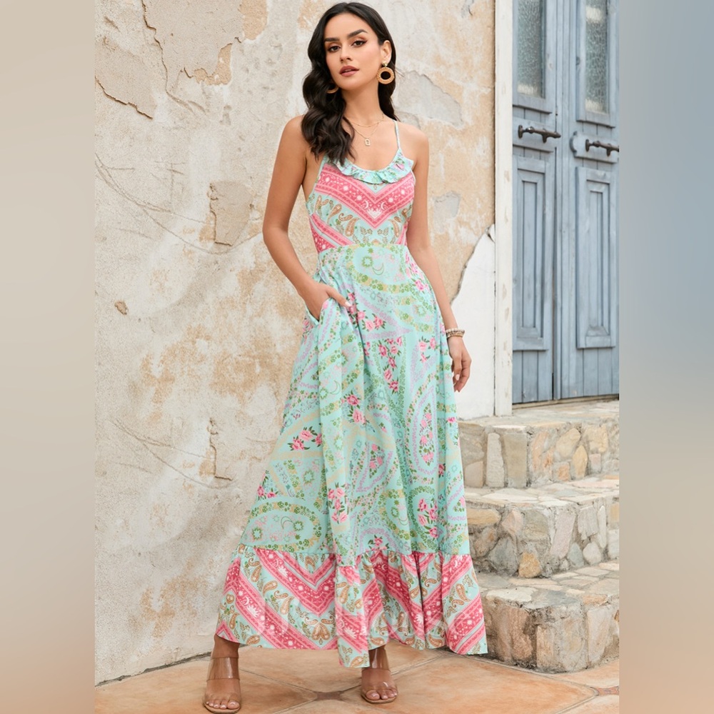 JJ’s House Floral Maxi Dress in Green and Pink Size Large NWT💗 - Picture 7 of 10